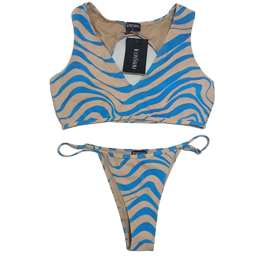 NWT Icon Swim Women's Blue Nude Pink Tint Zebra Bikini Swimsuit Cheeky LG #933